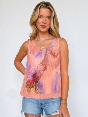 [L] FYLO Tank Floral Chiffon Sleeveless Blouse Peach Pink Watercolour Top